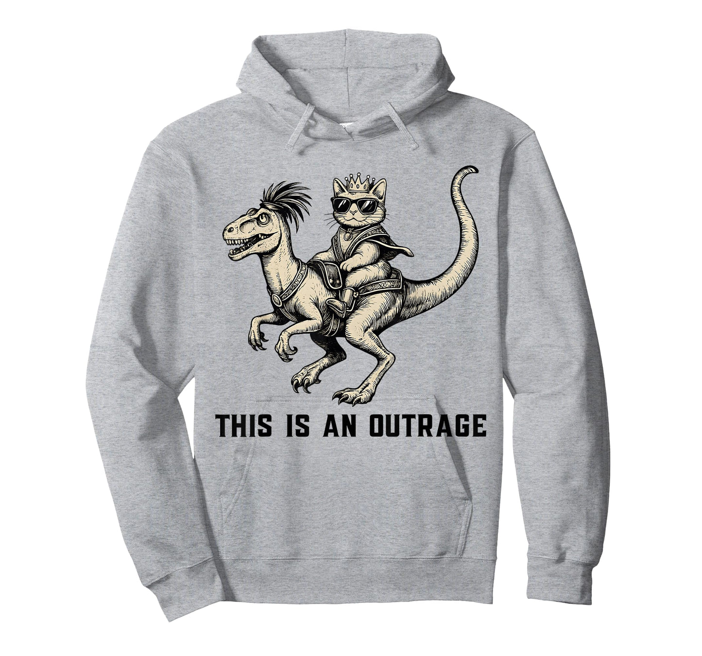 This is an Outrage Funny Cat Riding Dinosaur Meme T-Shirt