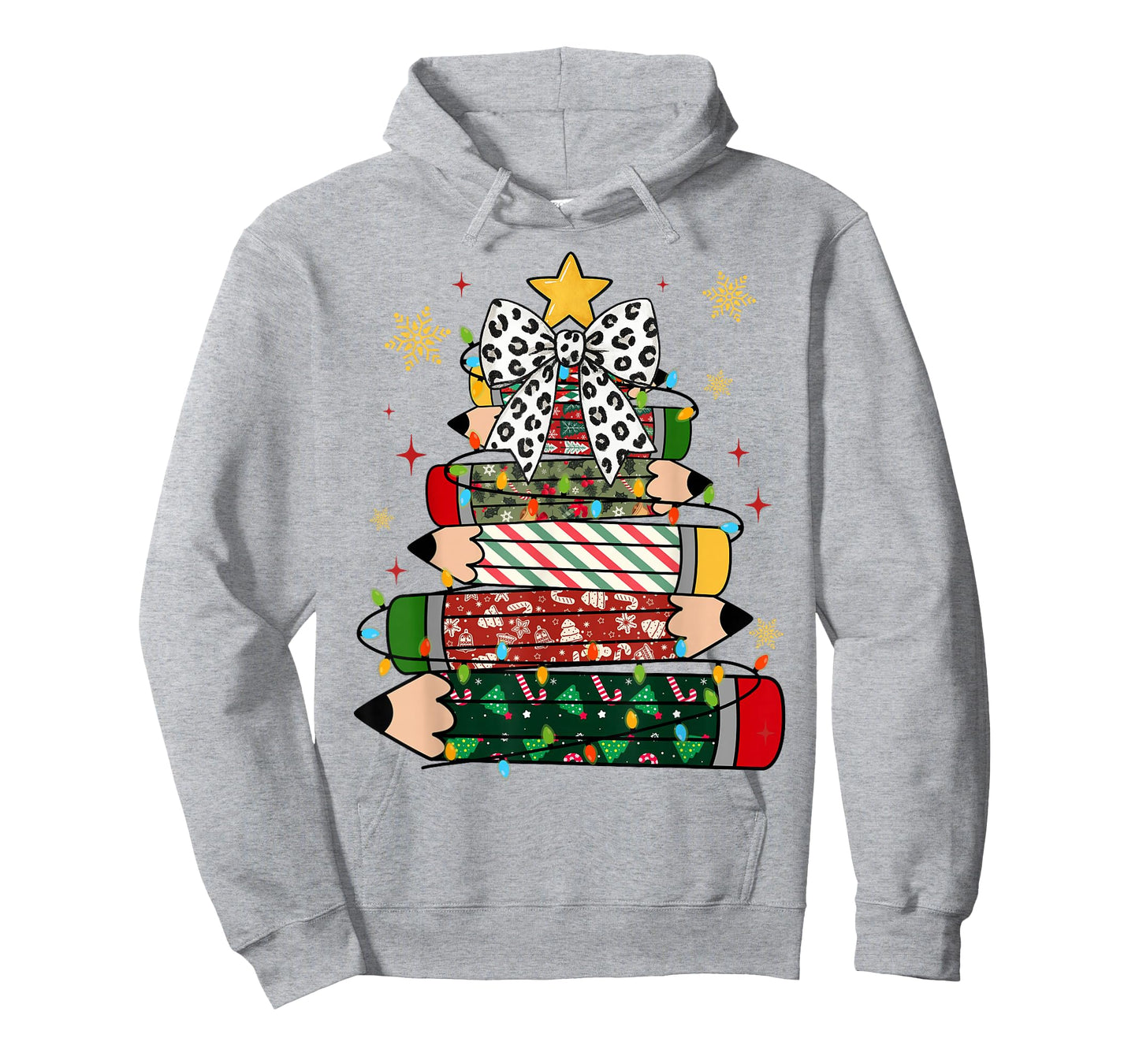 Teacher Christmas Tree Lights Pencil Leopard Print Cute Bow T-Shirt