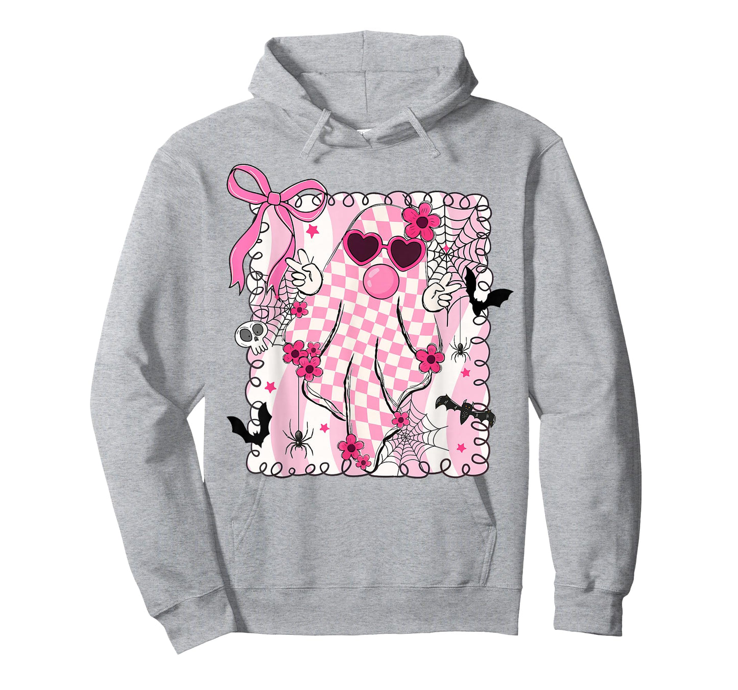Cute Pink Ghost Blowing Bubble Gum Checkered Halloween T-Shirt