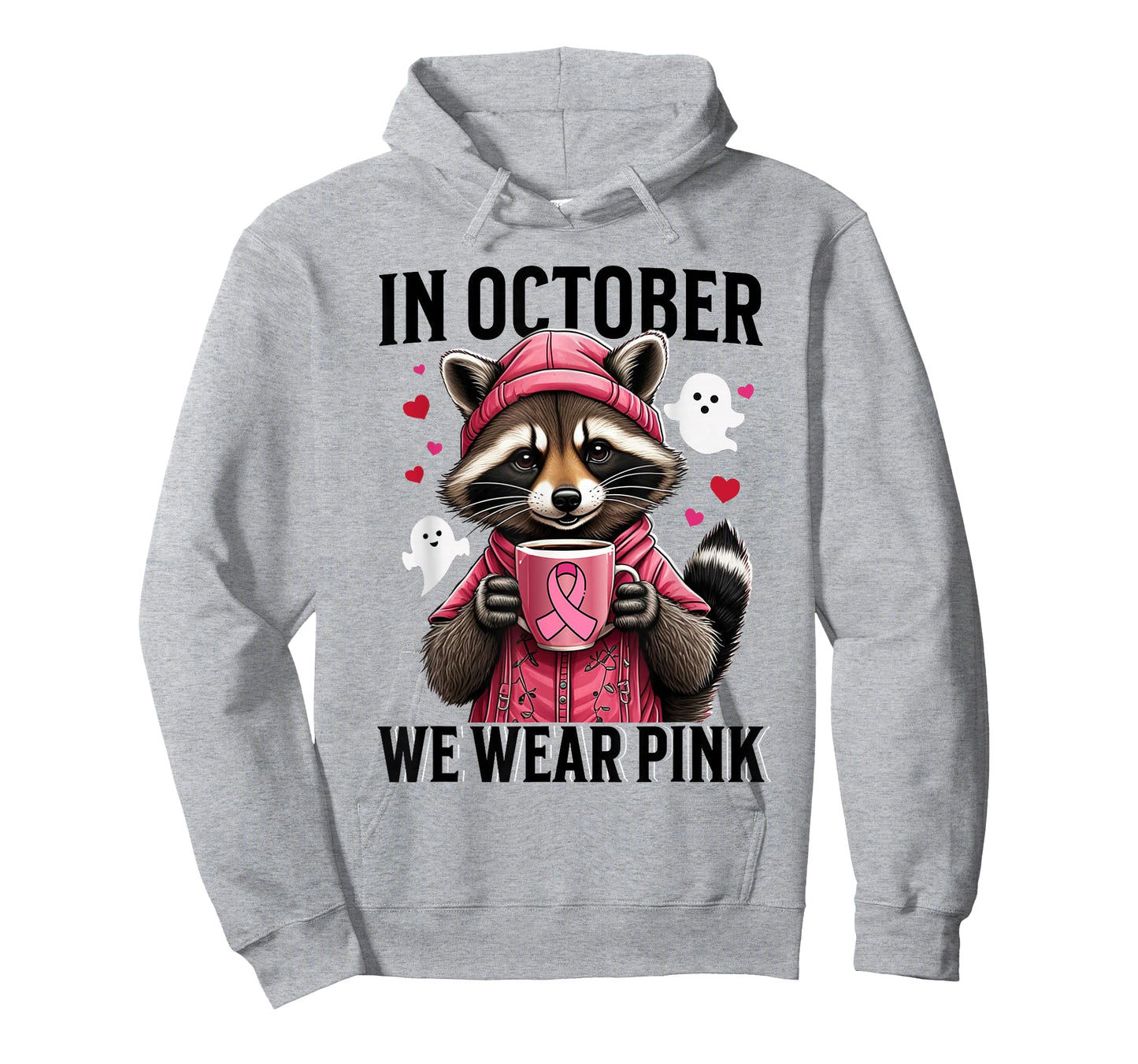 In October We Wear Pink Cute Raccoon Ghost Coffee Drink Pink T-Shirt