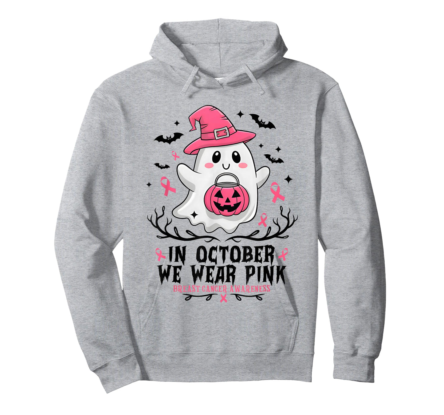 in October We Wear Pink Ghost Witch Breast Cancer Awareness T-Shirt