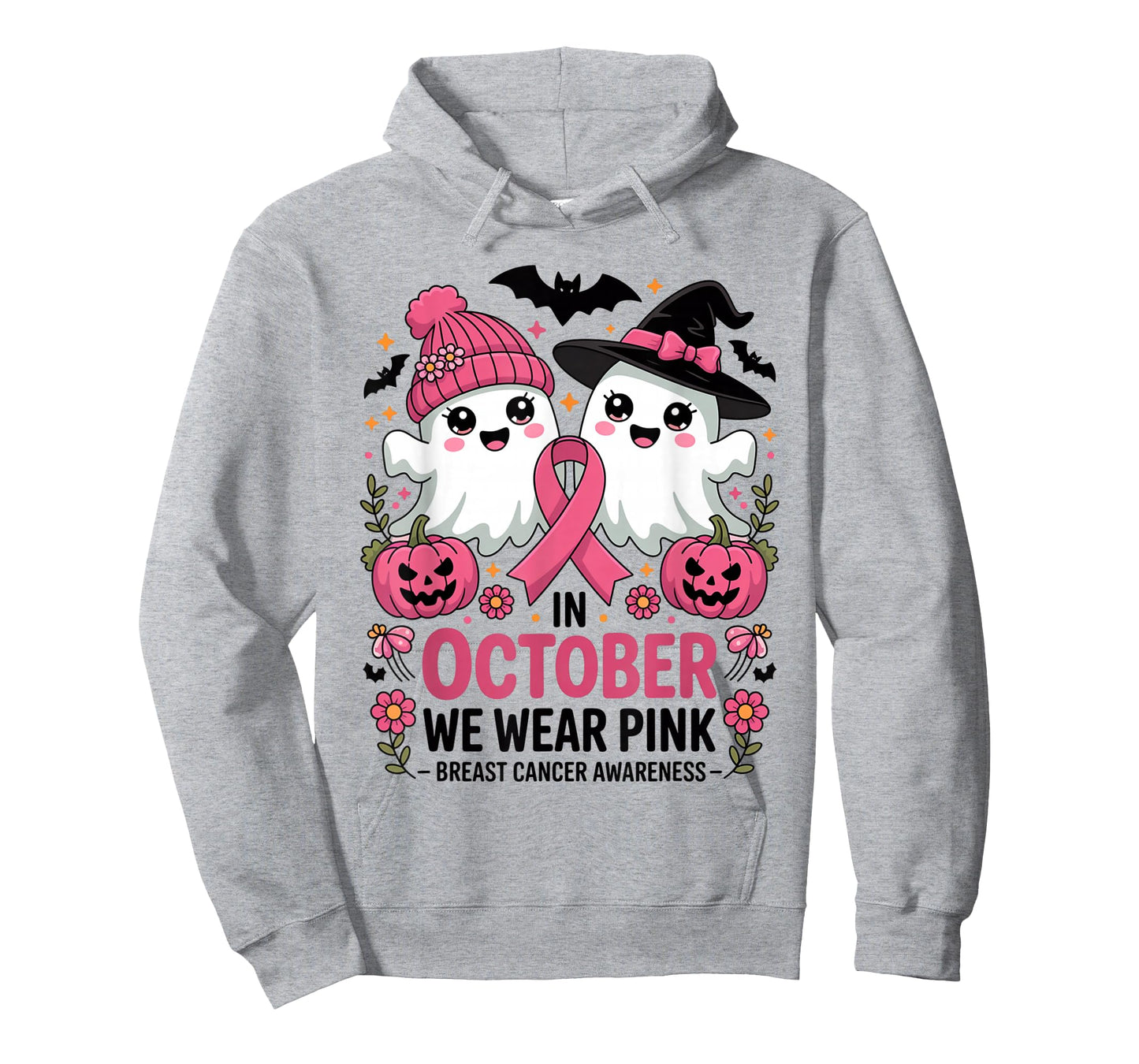 in October We Wear Pink Ghost Witch Breast Cancer Awareness T-Shirt