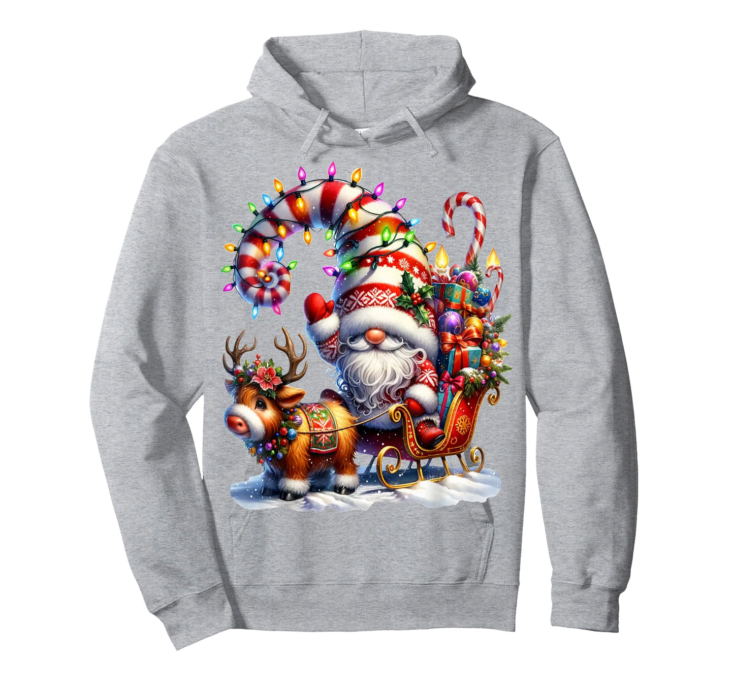 Christmas Light Gnome Santa Claus Riding Sleigh Highland Cow T-Shirt