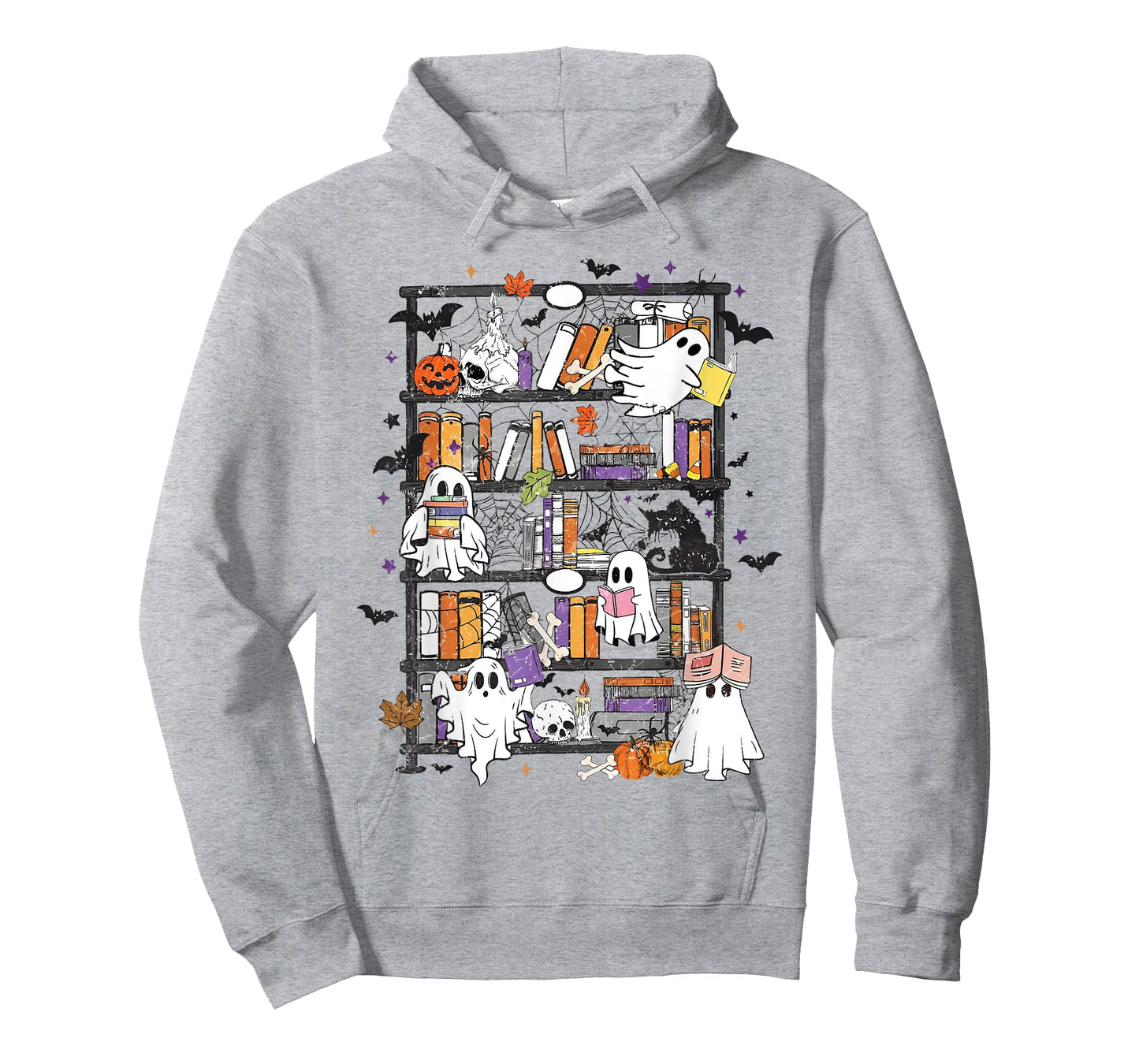 Funny Teacher Library Ghost Reading Book Halloween Black Cat T-Shirt