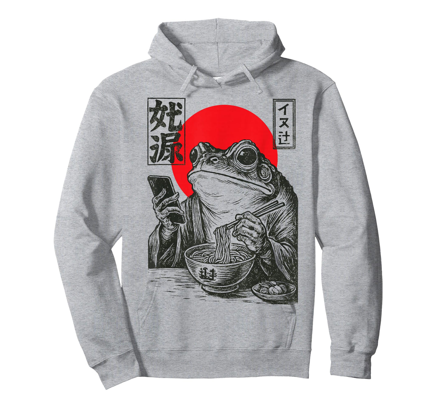 Funny Grumpy Frog Eat Ramen and Scroll Phone Japanese Art T-Shirt