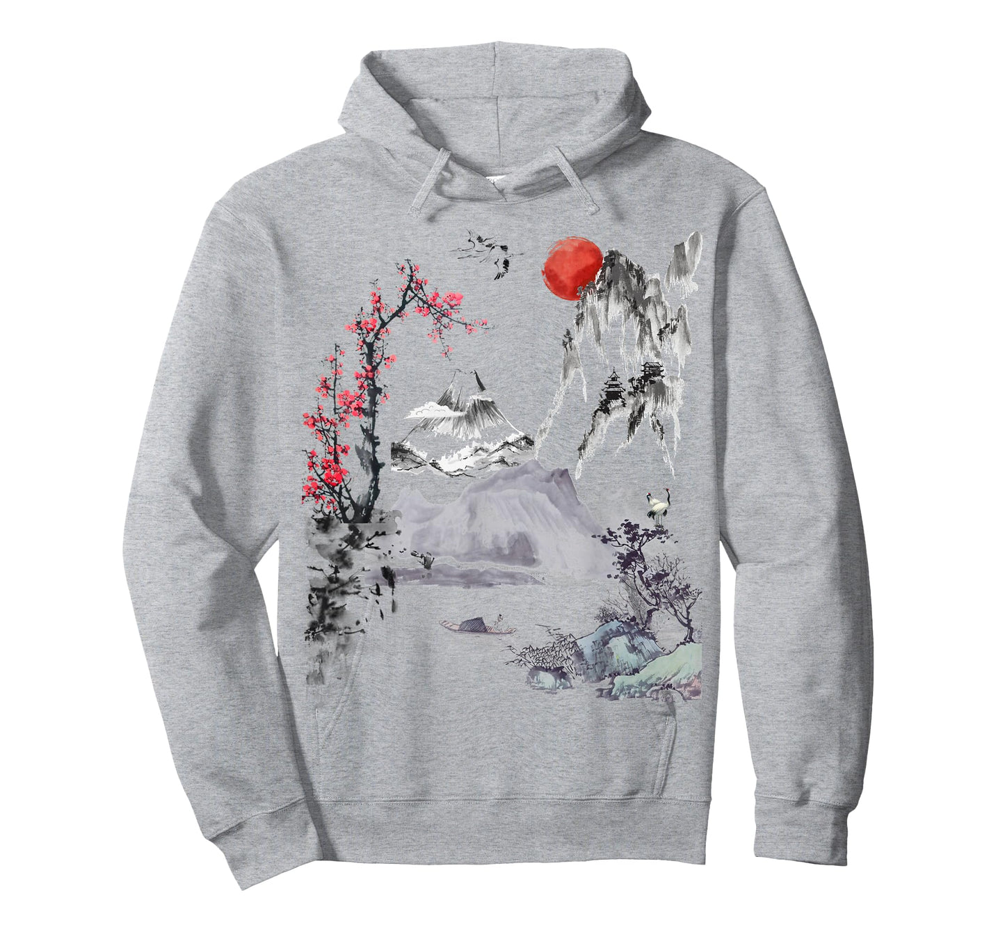 Japanese Art Tree Red Moon with Birds Flying in Background T-Shirt