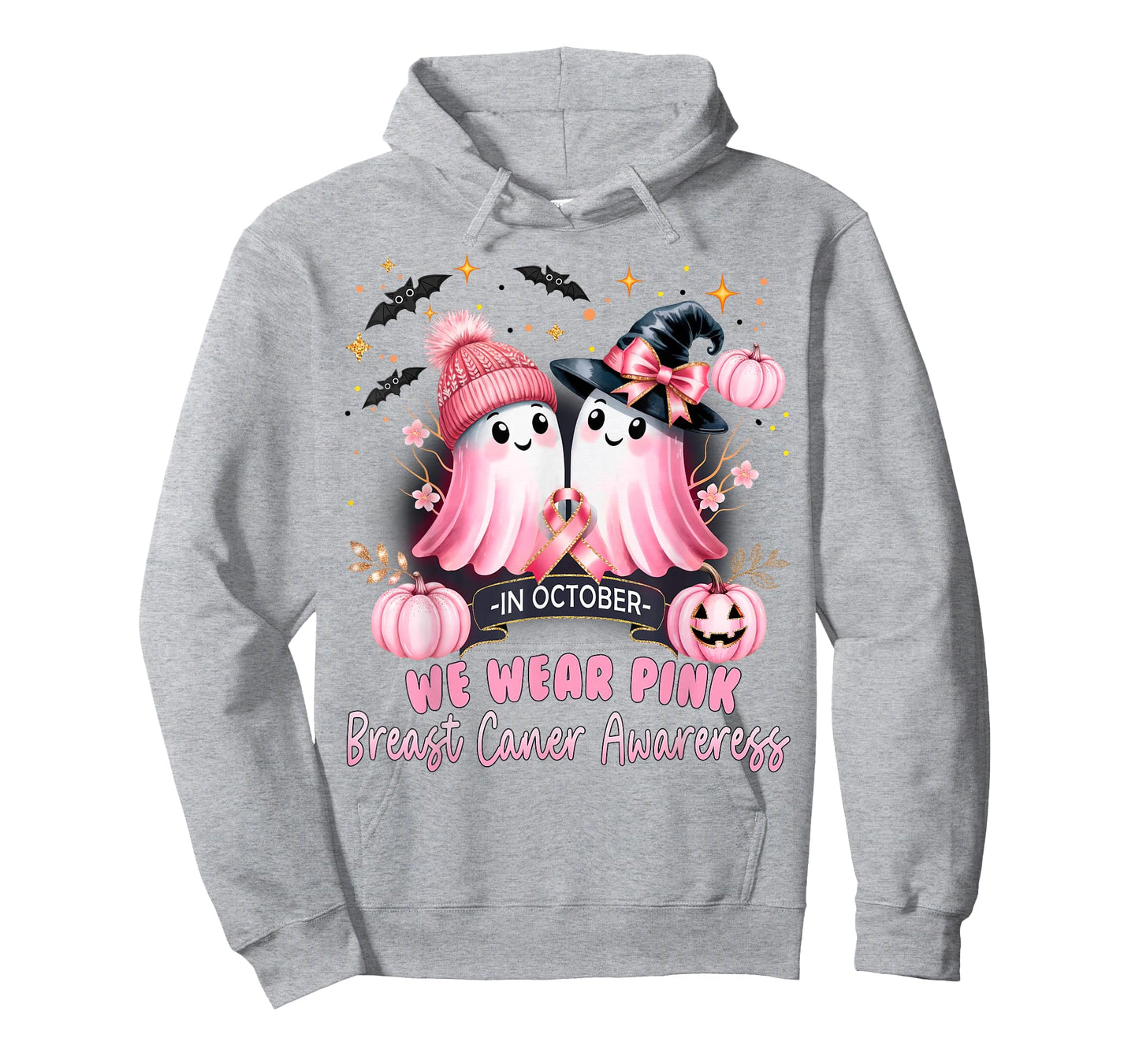 in October We Wear Pink Ghost Witch Breast Cancer Awareness T-Shirt