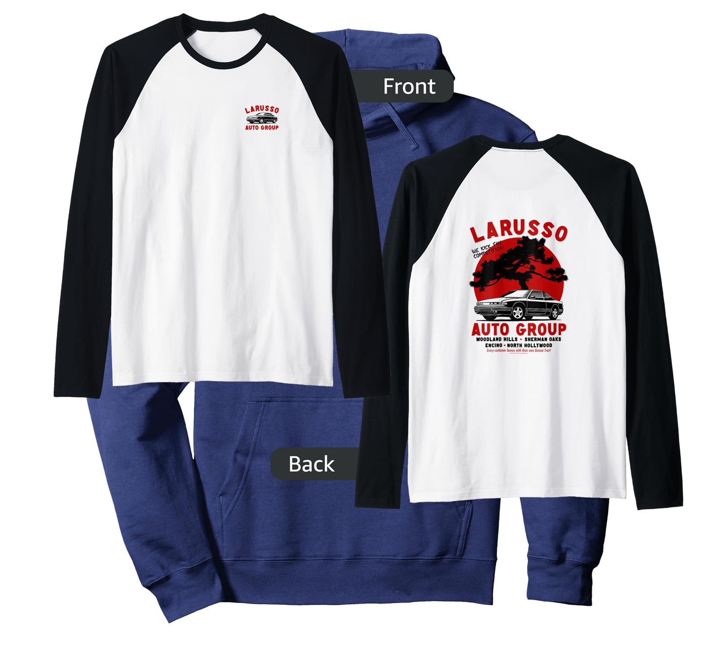 Cobra Kai Retro LaRusso Auto Group Ad Front and Back Raglan Baseball Tee