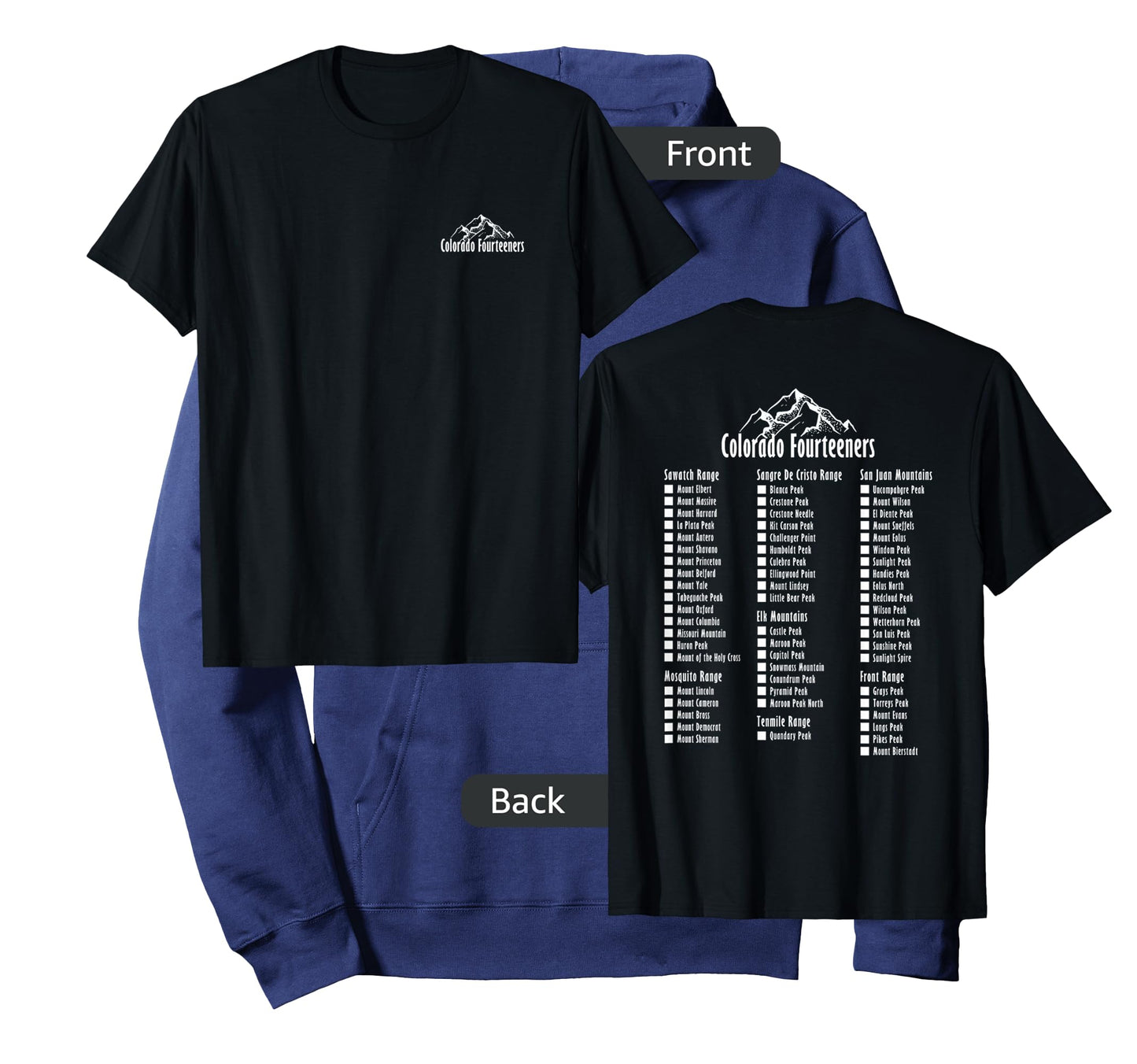 Colorado Fourteeners 2 Sided Checklist T-Shirt 14ers Tee T-Shirt