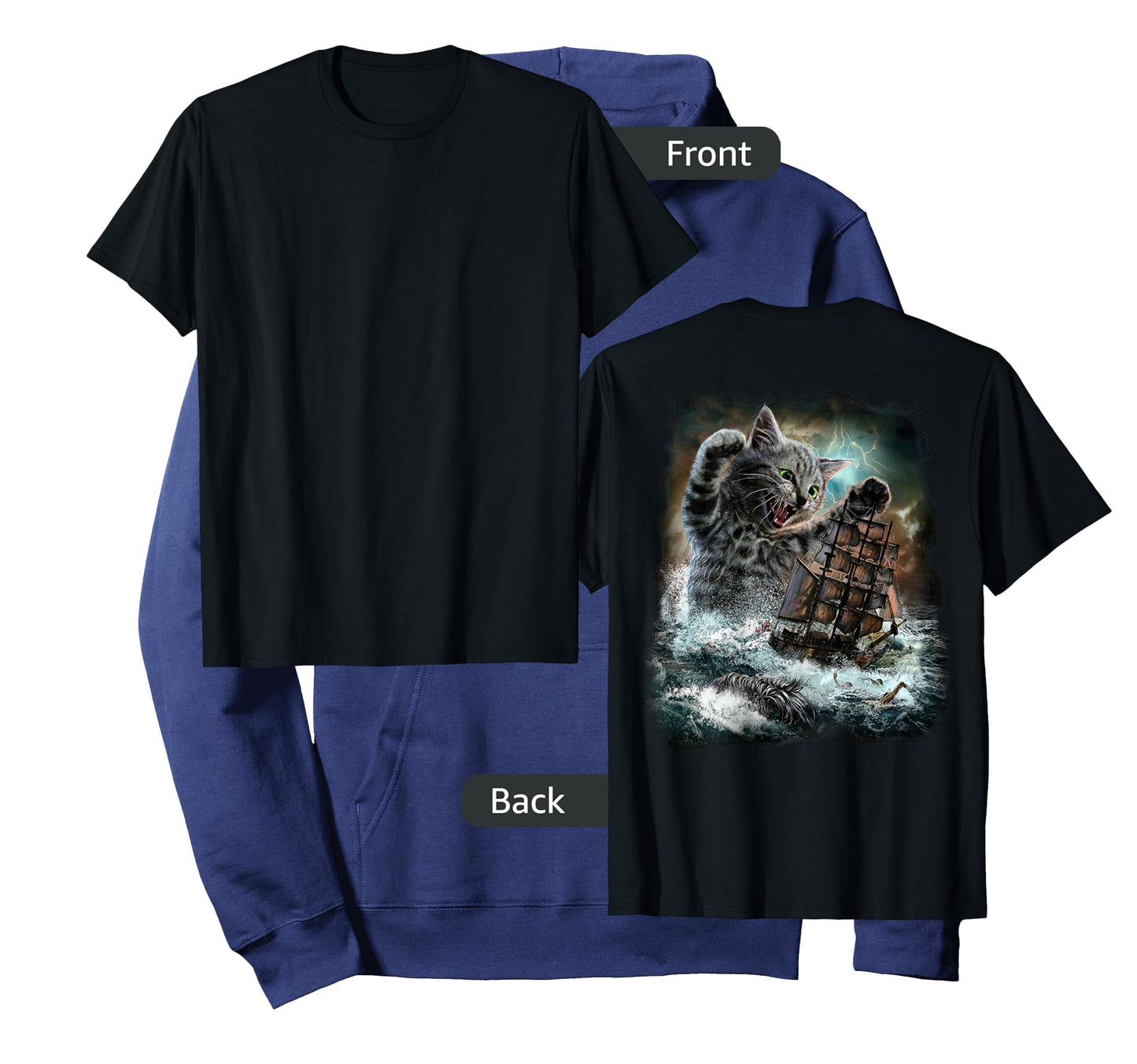 Giant Cat as Kraken Sea Monster Ambush a War Ship in Ocean T-Shirt