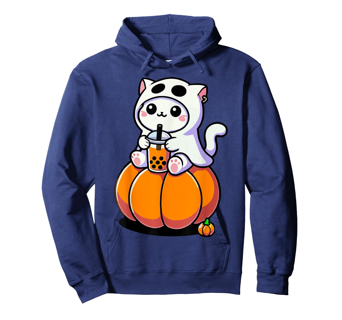 Cute Halloween Cat in Ghost Costume Drinking Boba Tea Tees Men Women Kids T-Shirt