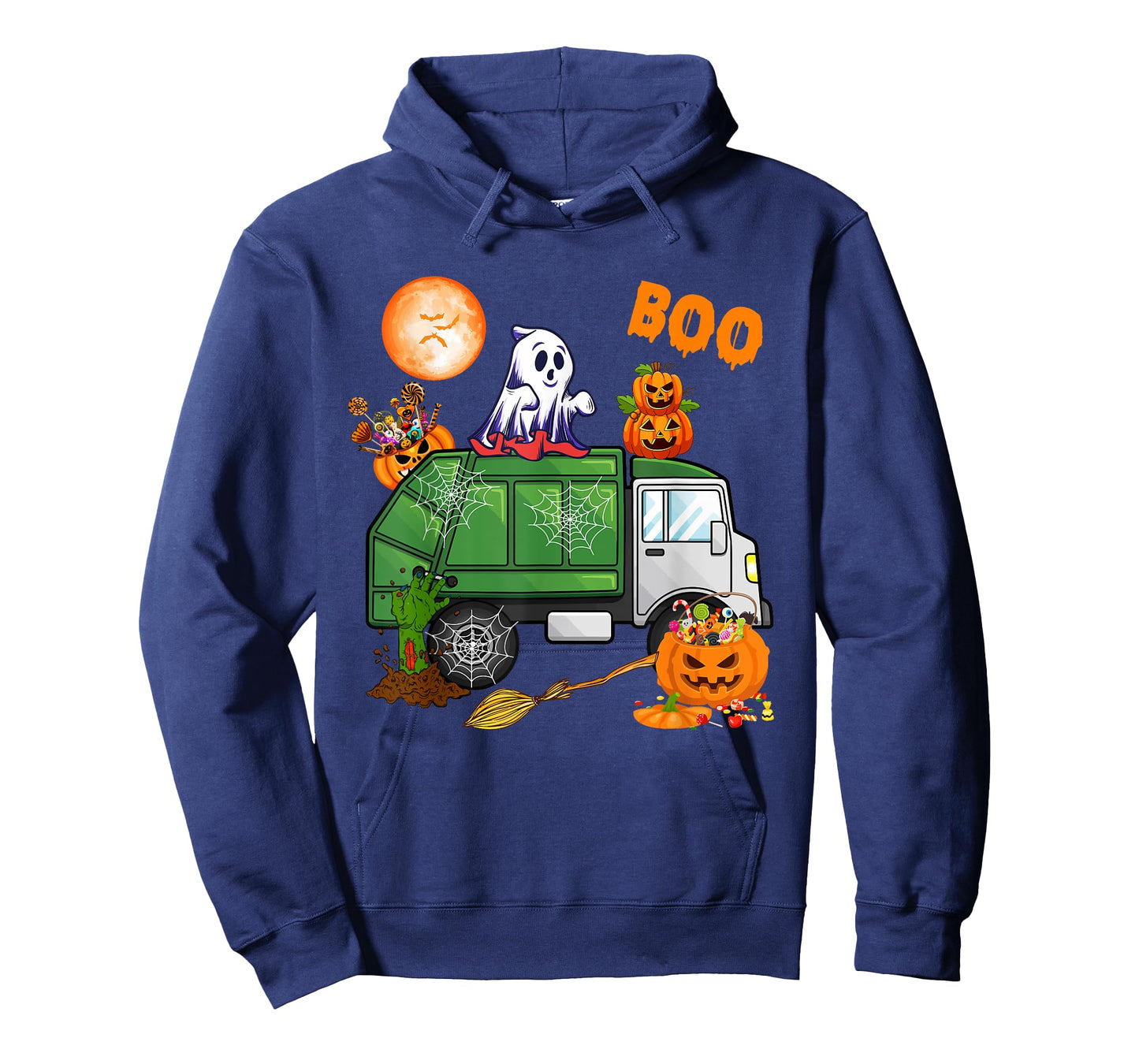 Ghost Driving Garbage Truck With Candy Bag Carved Pumpkin T-Shirt