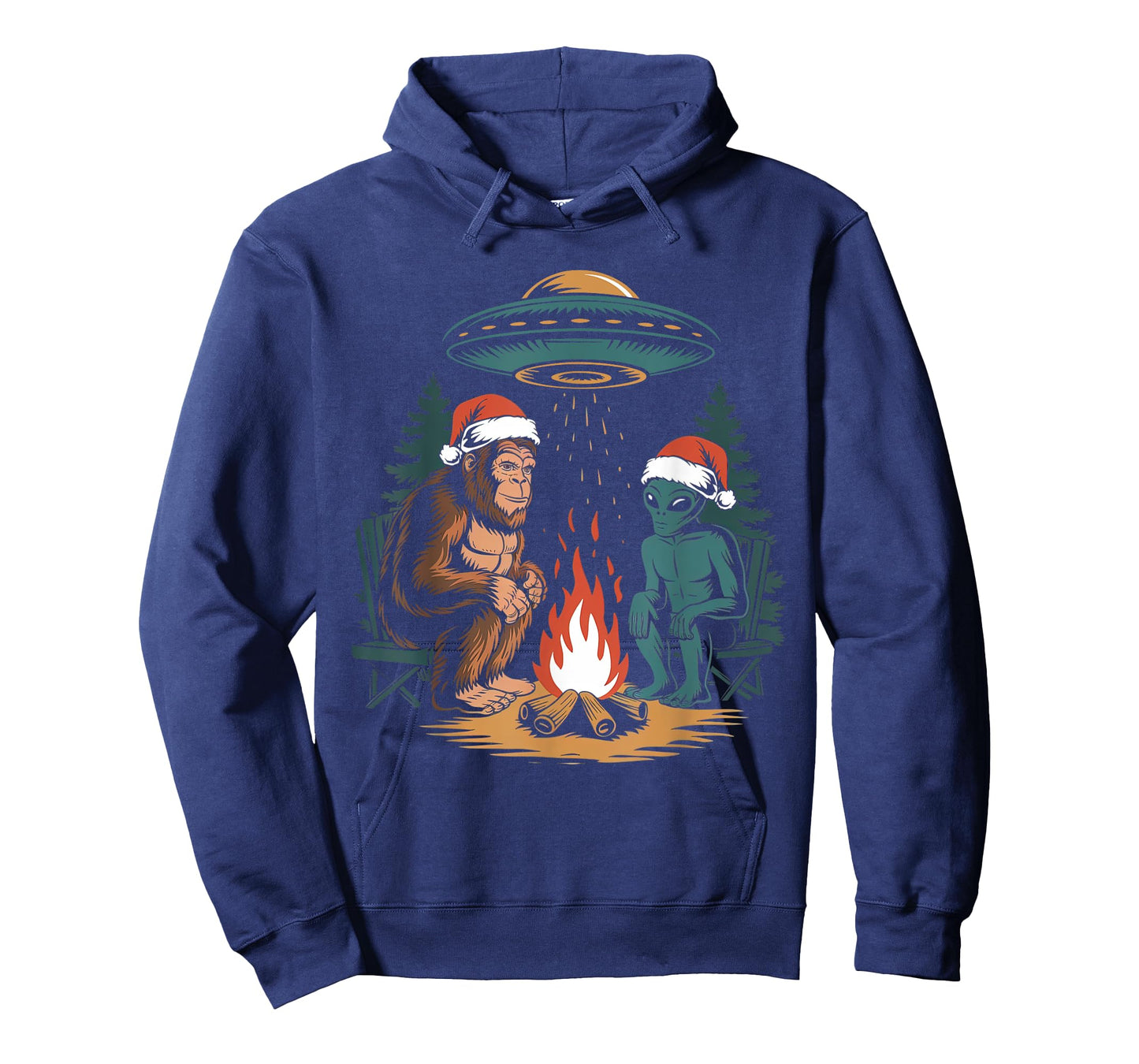 Funny Bigfoot Alien UFO Santa Hat Campfire Outdoor Christmas T-Shirt