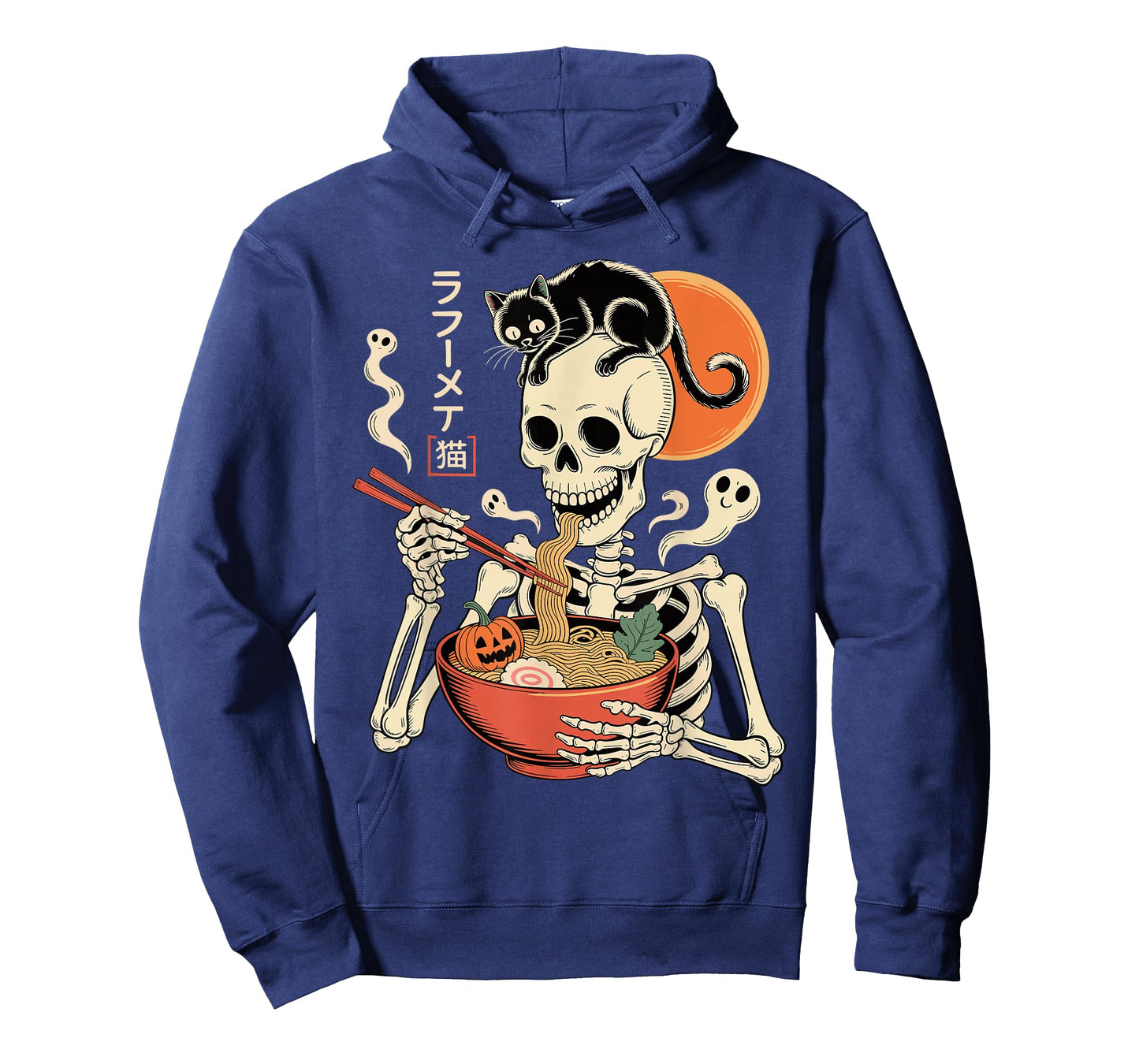 Spooky Skeleton Eating Ramen Bowl with Cat Halloween Art T-Shirt