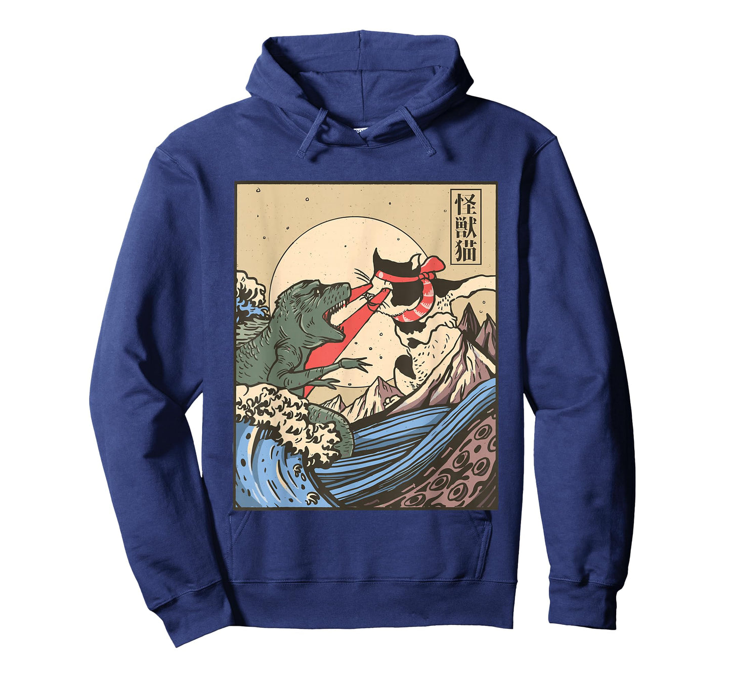 Kaiju Monster vs Cat Laser Eye Fight Great Wave Japanese T-Shirt