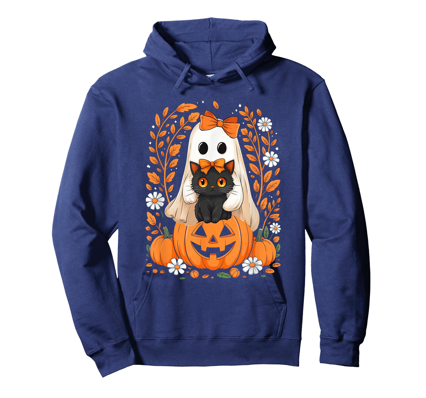 Vintage Halloween Ghost Holding Black Cat Groovy Floral T-Shirt