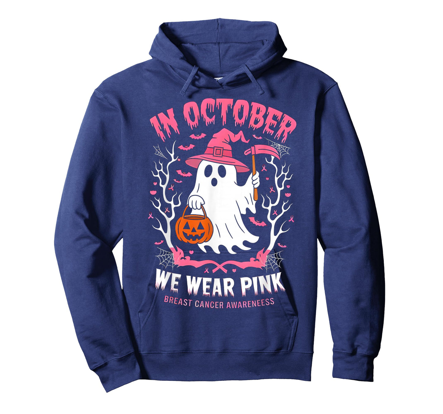 in October We Wear Pink Ghost Witch Breast Cancer Awareness T-Shirt