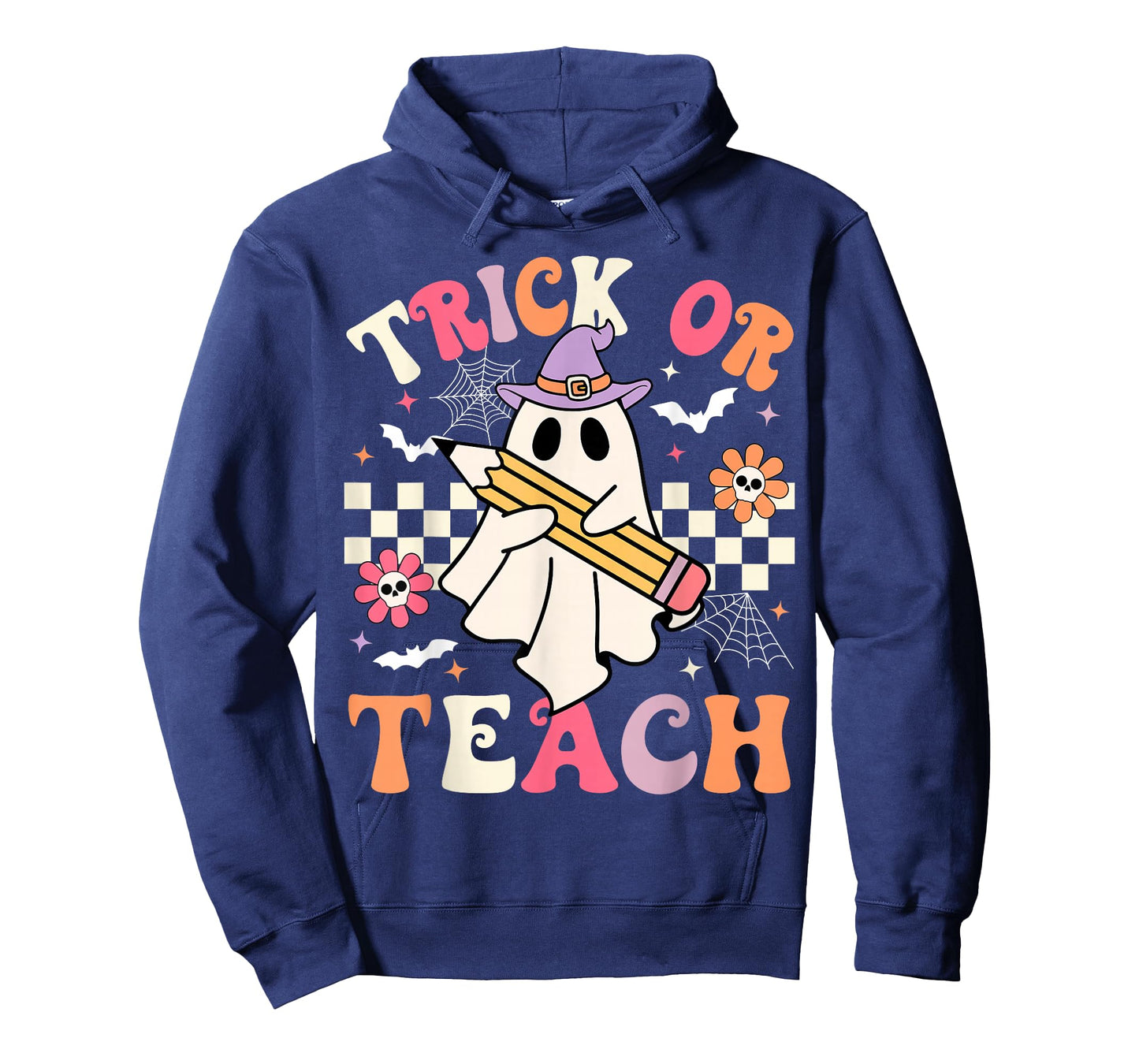 Trick Or Teach Groovy Teacher Halloween Retro Floral Ghost T-Shirt