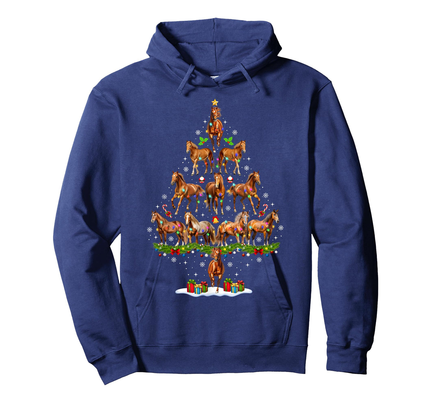 Funny Horse Christmas Tree Lights Santa Hat Xmas Pajamas T-Shirt