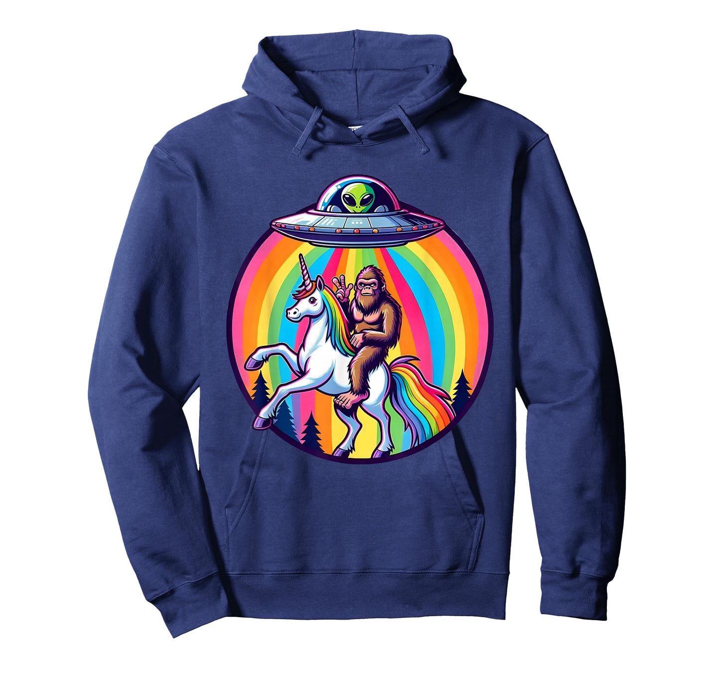 Bigfoot riding a Unicorn beamed up by a UFO, Alien, Cryptid T-Shirt