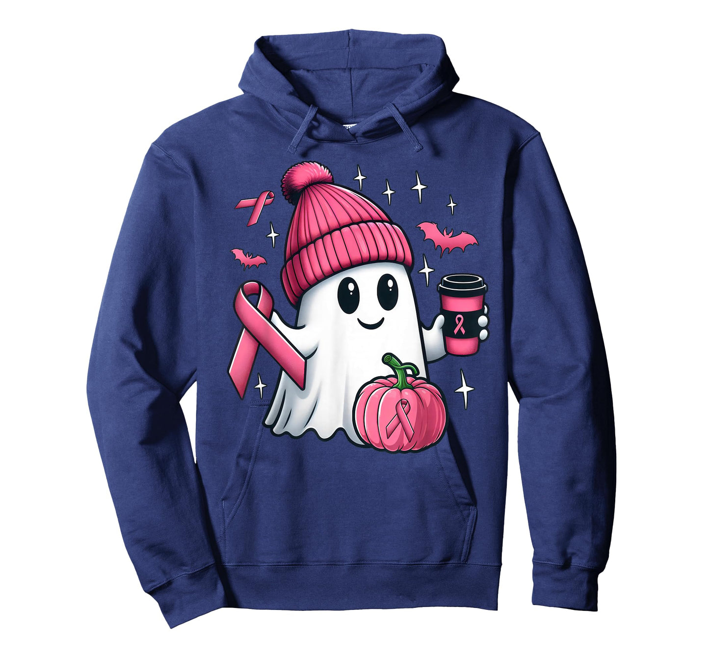 Cute Ghost Drinking Coffee Halloween Breast Cancer Awareness T-Shirt
