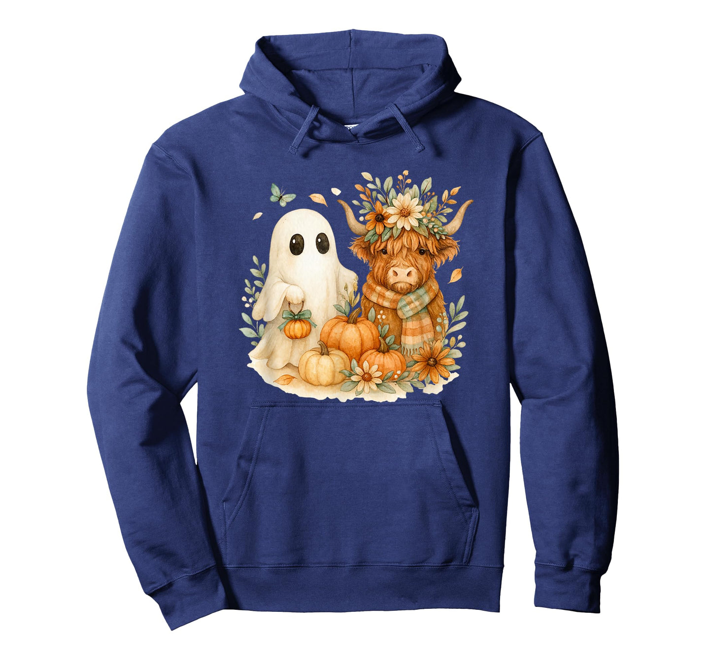 Highland Cow & Ghost Pumpkin Patch Watercolor Halloween T-Shirt