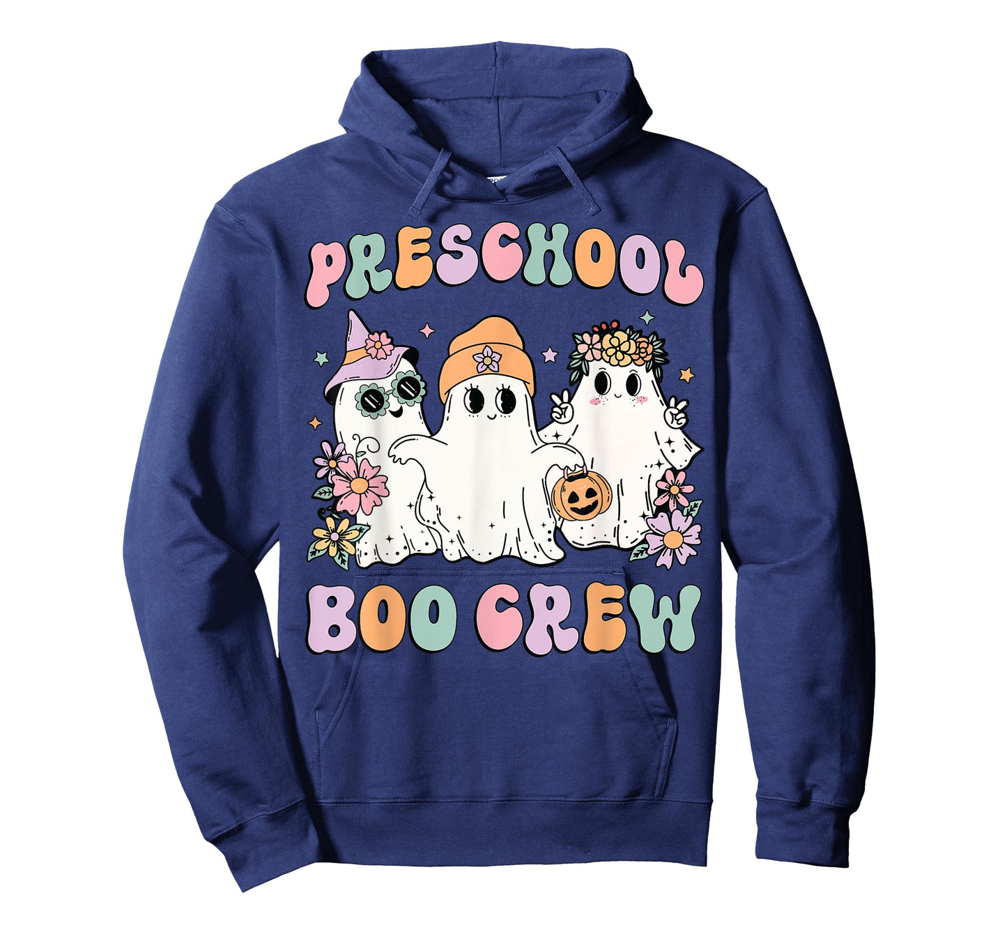 Preschool Boo Crew Groovy Halloween Floral Ghost Teacher Men Women Kids T-Shirt