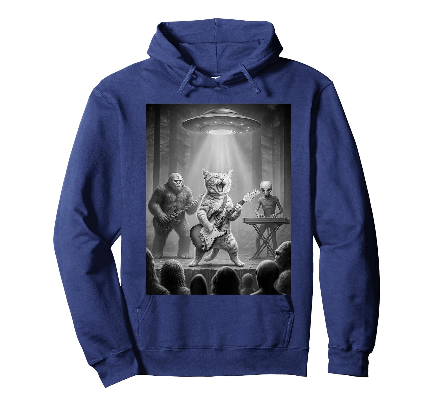 Cat Playing Guitar Bigfoot Alien Rock Star UFO Graphic Men T-Shirt