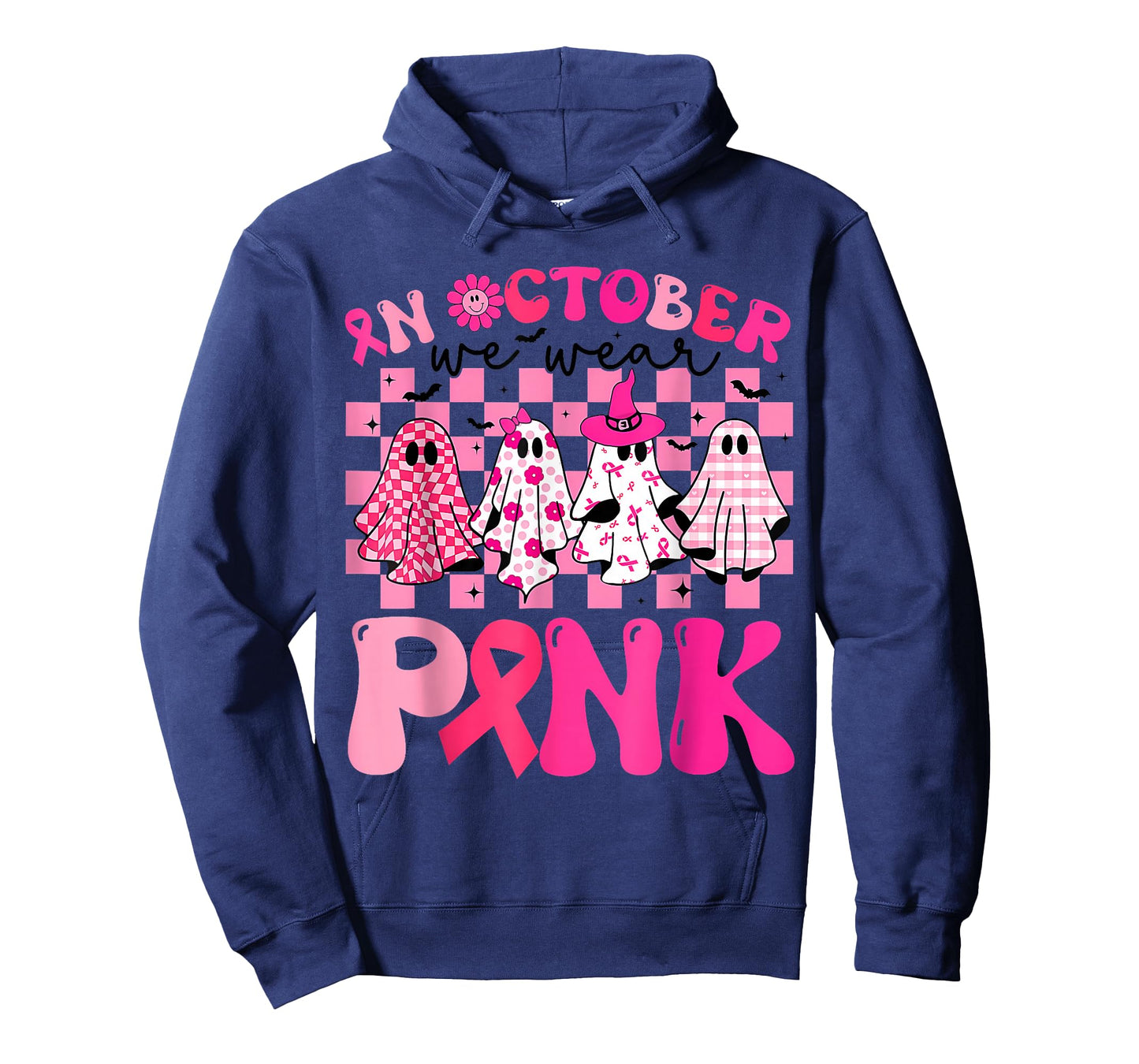 in October We Wear Pink Witch Ghost Pumpkin Breast Cancer T-Shirt