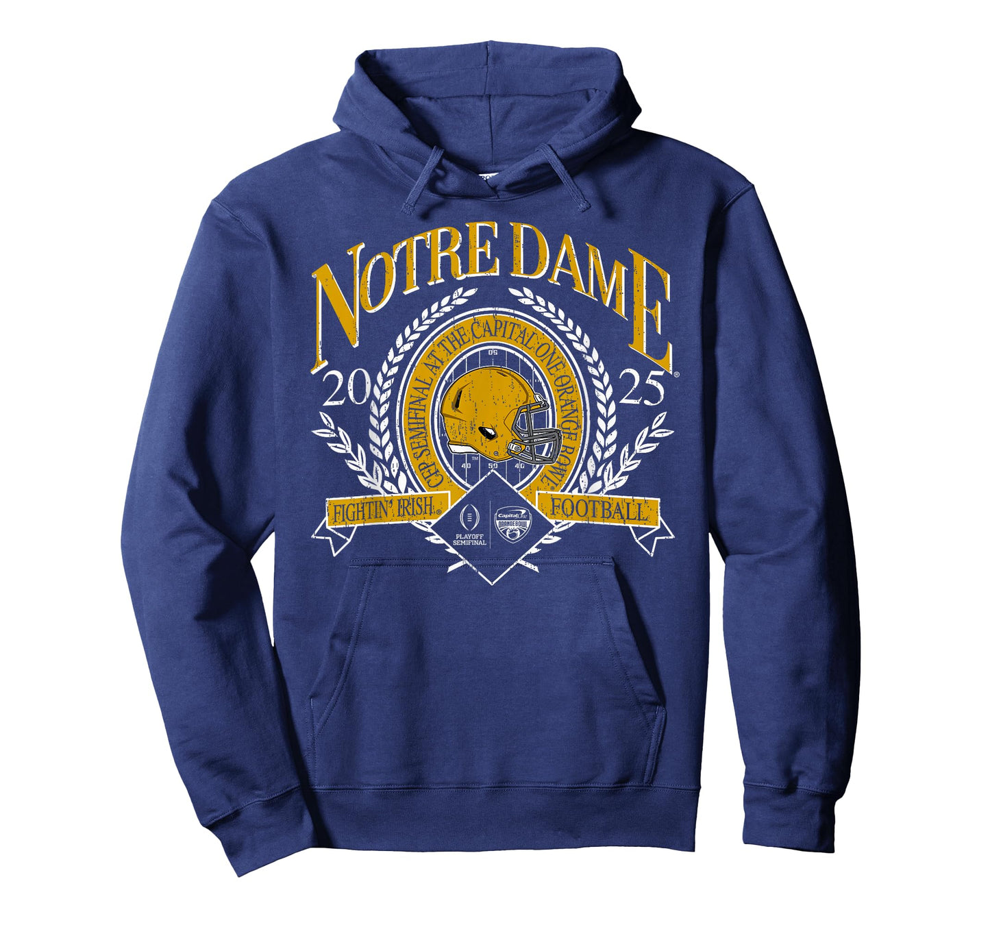 Elite Authentics Unisex-Adult Notre Dame Fighting Irish NCAA T-Shirt, Blue, Small, Short Sleeve, Crew Neck, Classic Fit, Orange Bowl CFP 2025 Vintage Navy