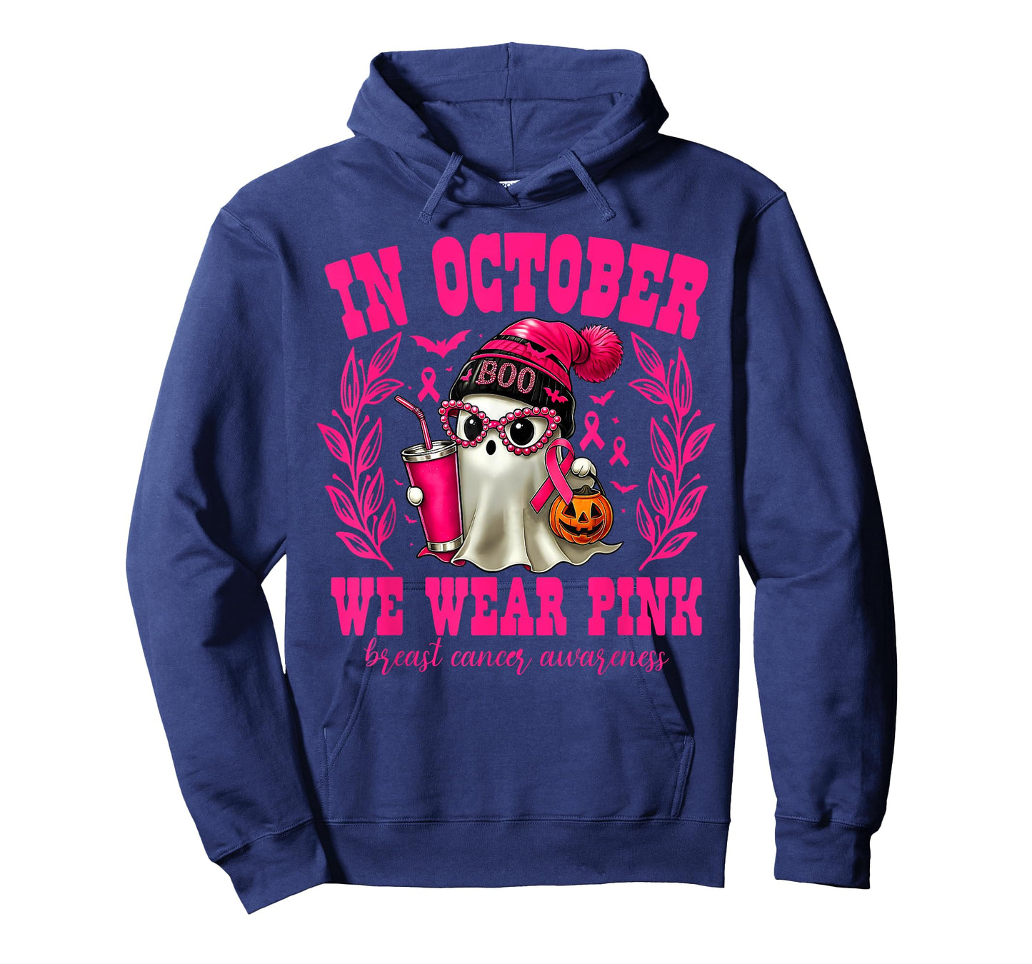 in October We Wear Pink Ghost Beanie Halloween Breast Cancer T-Shirt