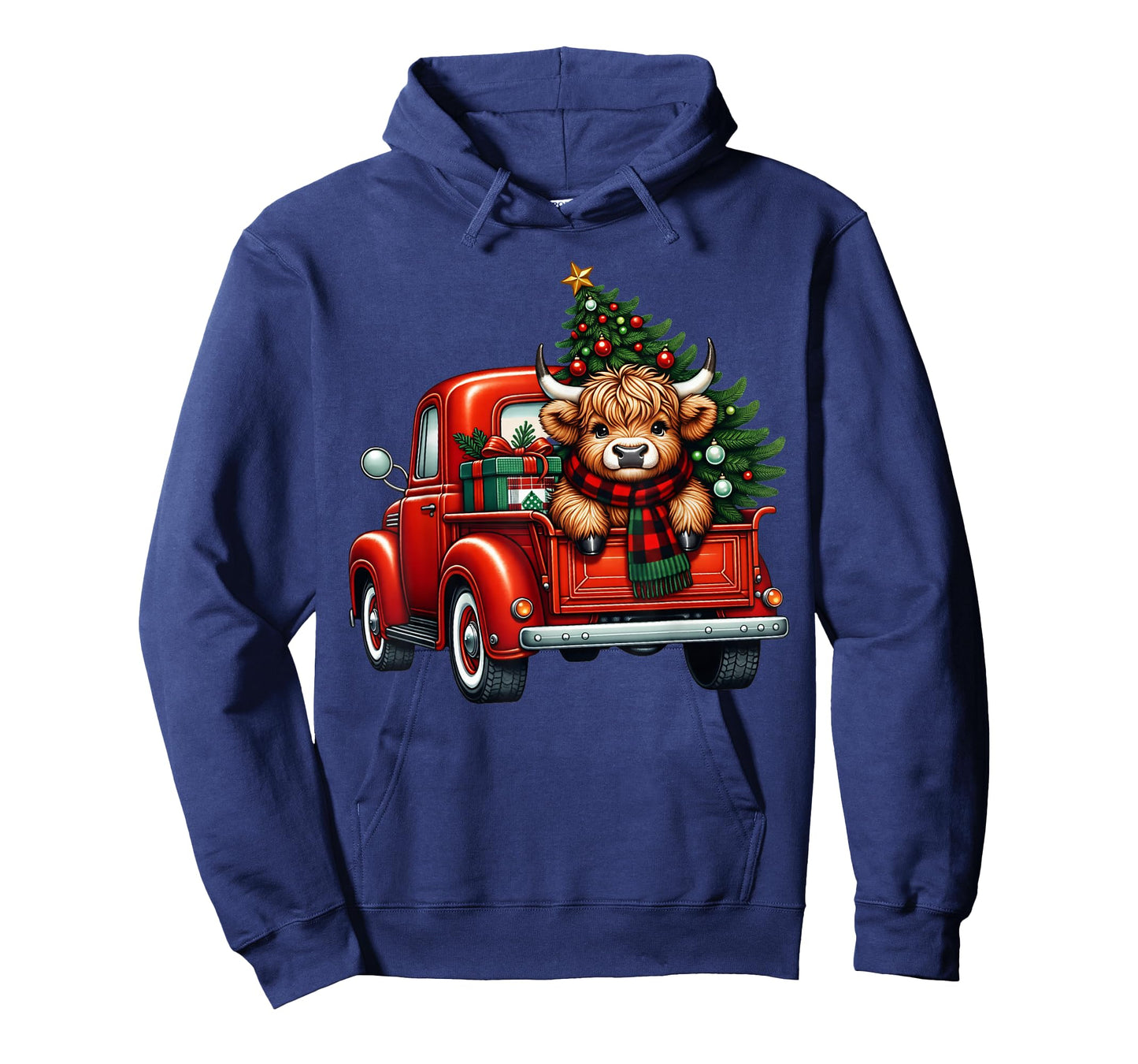 Merry Christmas Highland Cow Santa Hat Red Truck Xmas Tree T-Shirt