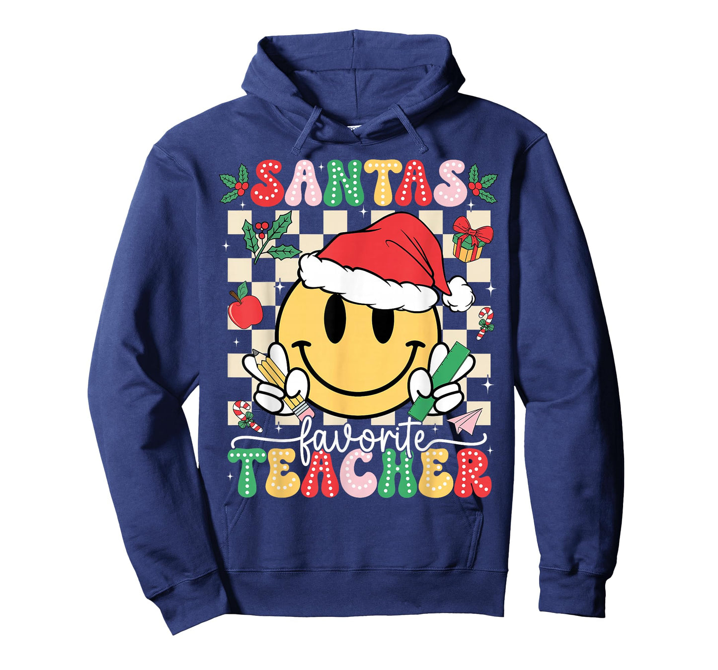Santas Favorite Teacher Retro Groovy Smile Face Christmas T-Shirt