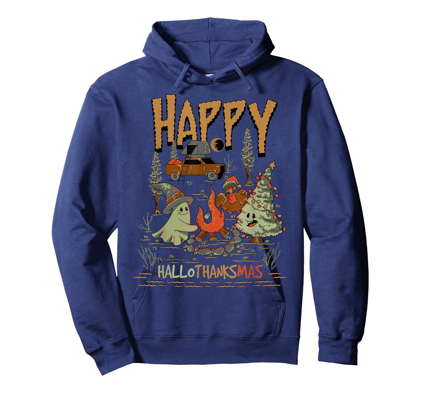 Happy HalloThanksMas Camping Ghost Turkey Tree Design T-Shirt