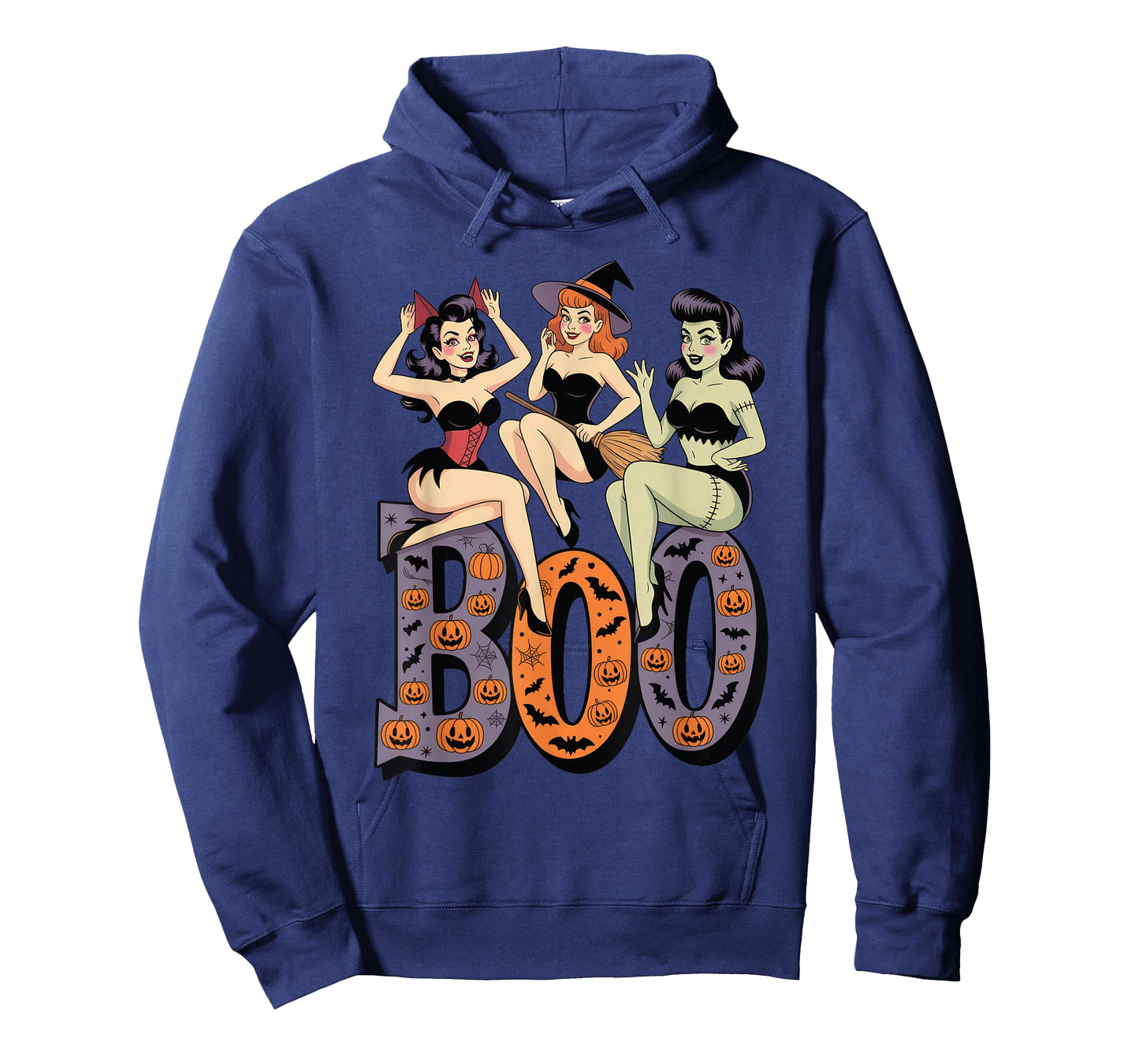 Vintage Halloween Pinup Trio Retro Boo Witches Devil Monster T-Shirt