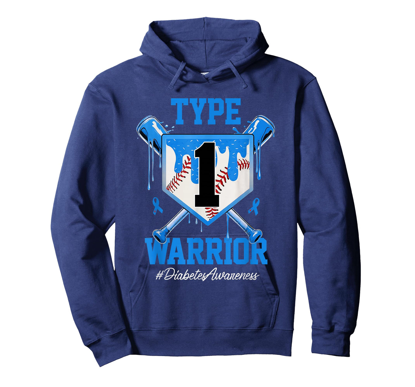 T1D Warrior Baseball Drip Diabetes Awareness Blue Ribbon T-Shirt