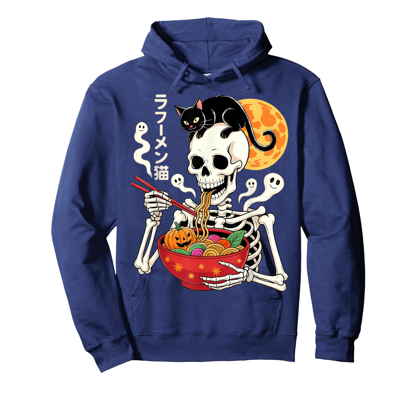 Spooky Skeleton Eating Ramen Bowl with Cat Halloween Art T-Shirt