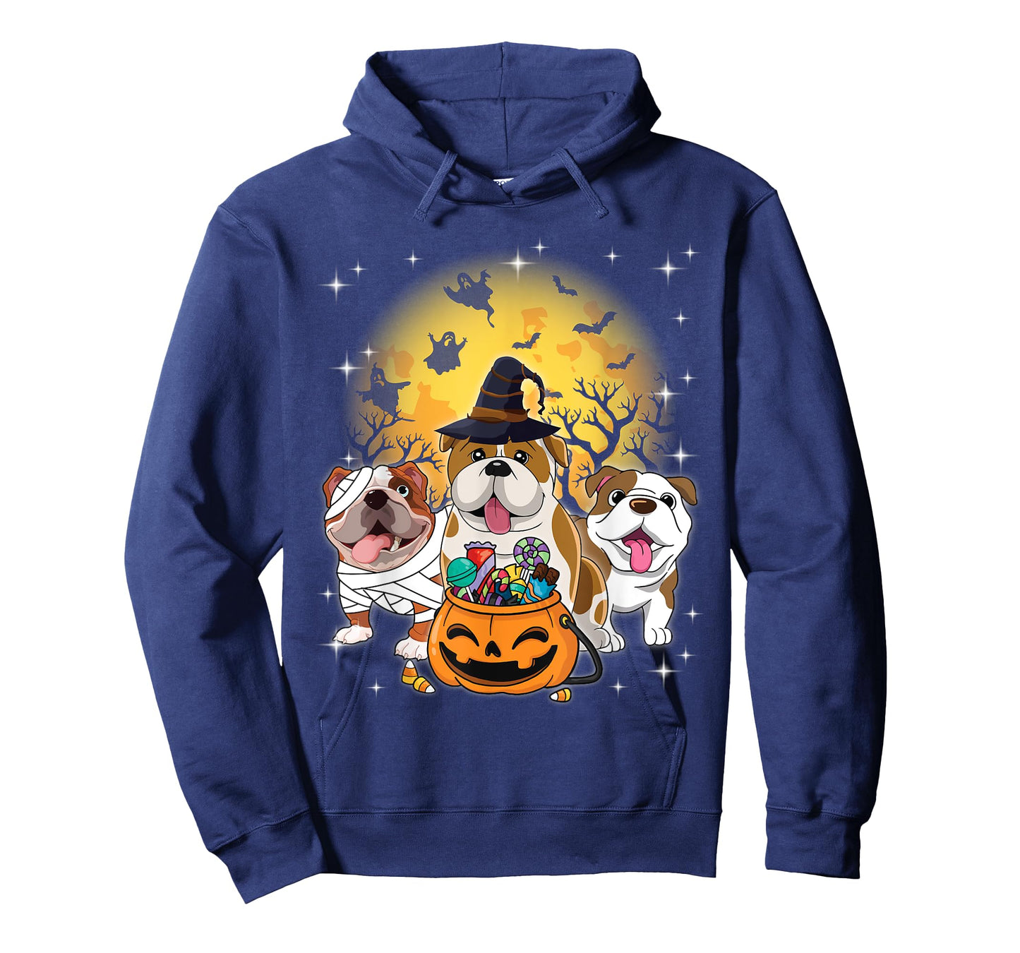 English Bulldog Mummy Witch Dog Moon Ghosts Halloween Day T-Shirt for Men Women Kids