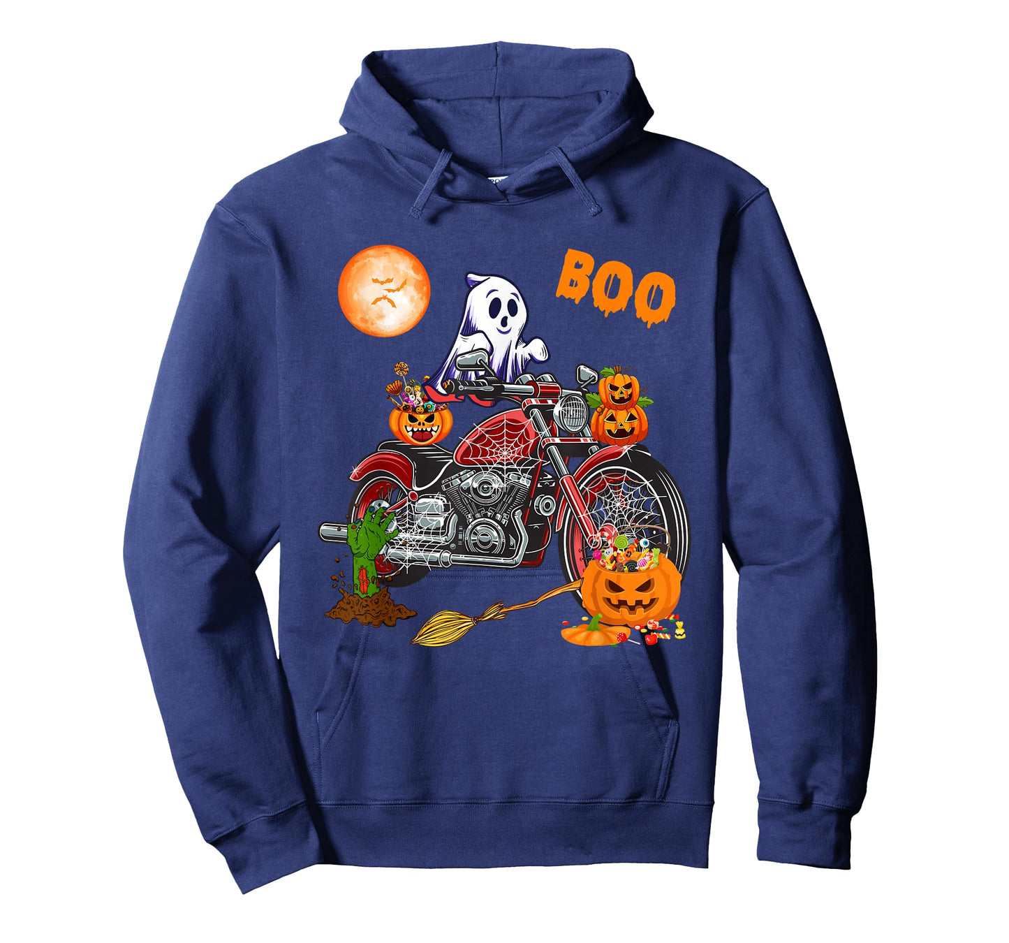 Boo Ghost Riding Motorcycle Horror Candy Bag Carved Pumpkin T-Shirt
