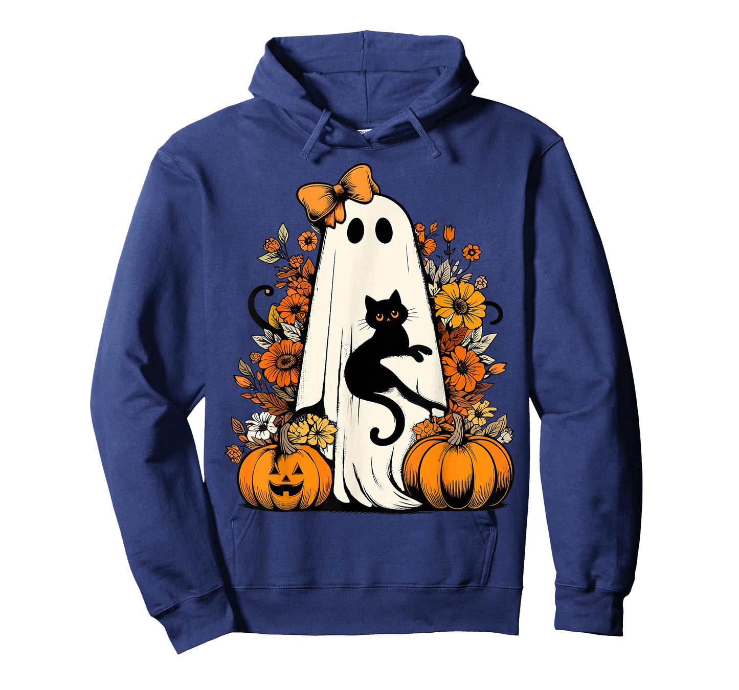 Retro Halloween Ghost Holding Black Cat Floral Halloween Cat T-Shirt