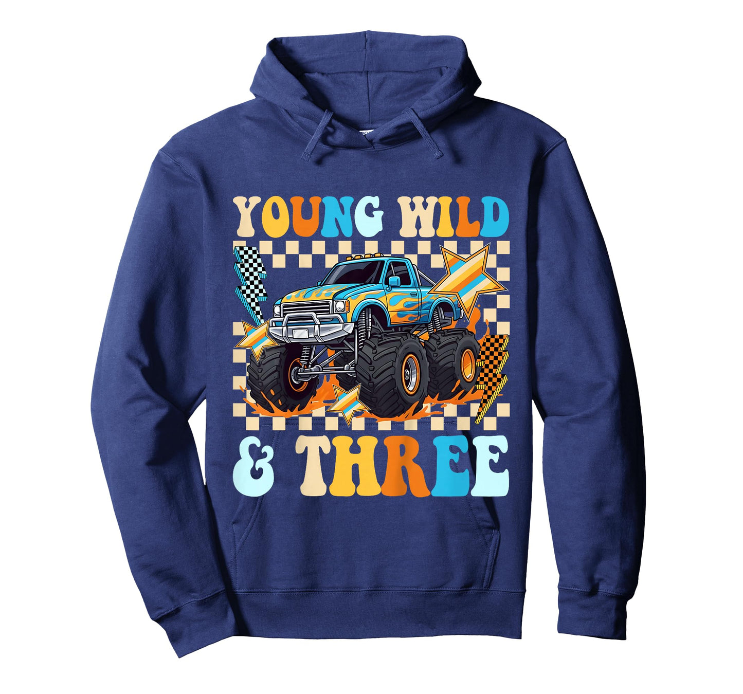 3rd Birthday Monster Truck Young Wild and Three Checkered T-Shirt