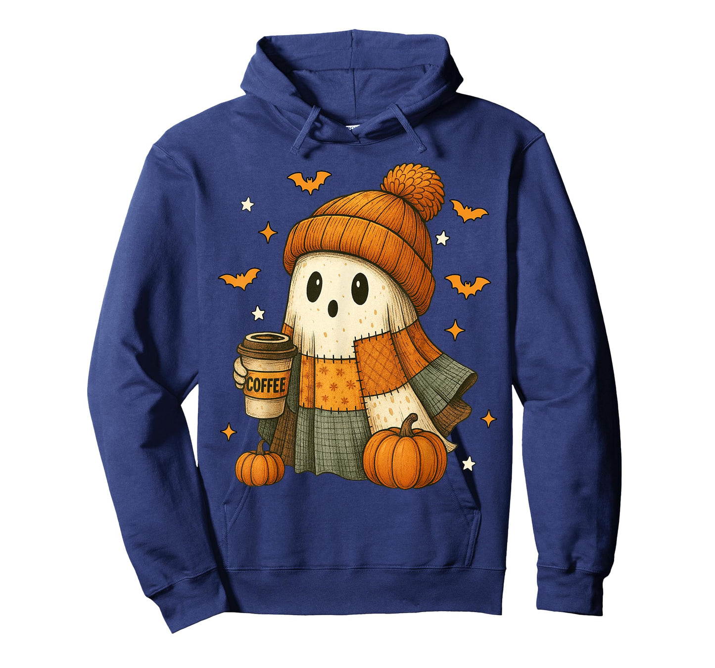 Cute Ghost Drinking Coffee Halloween Patchwork Ghost Women T-Shirt