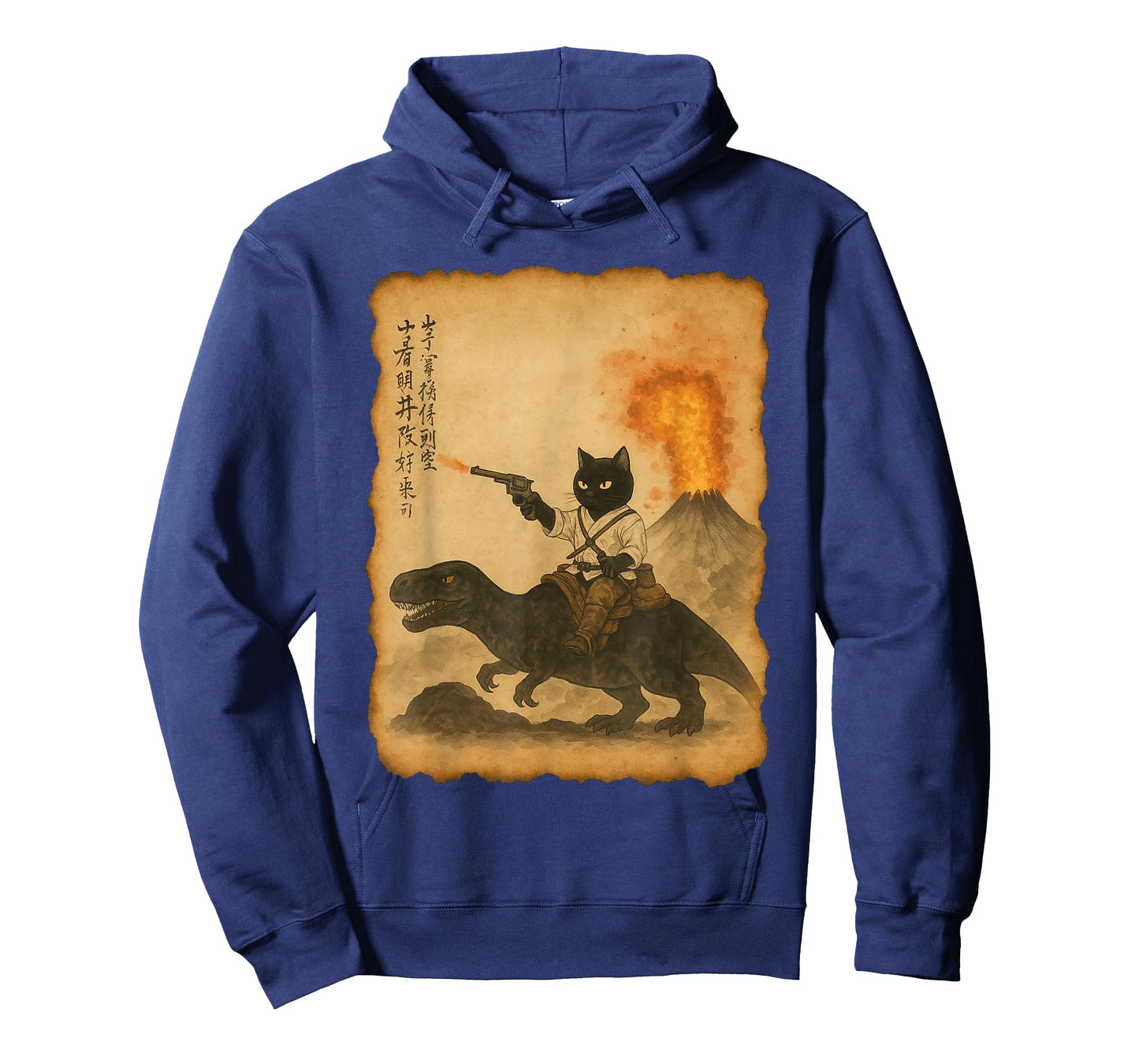 black cat samurai riding dinosaur volcanic eruption art T-Shirt