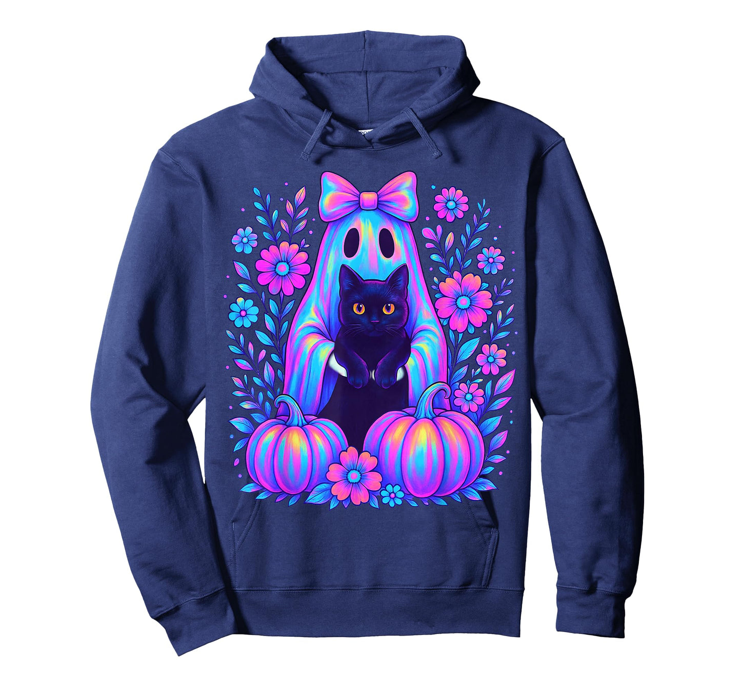 Colorful Halloween Ghost Holding Black Cat Bow Spooky Women T-Shirt