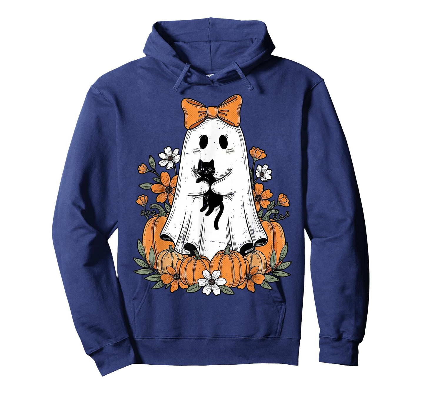 Retro Halloween Cute Ghost Holding Black Cat Floral Pumpkin T-Shirt