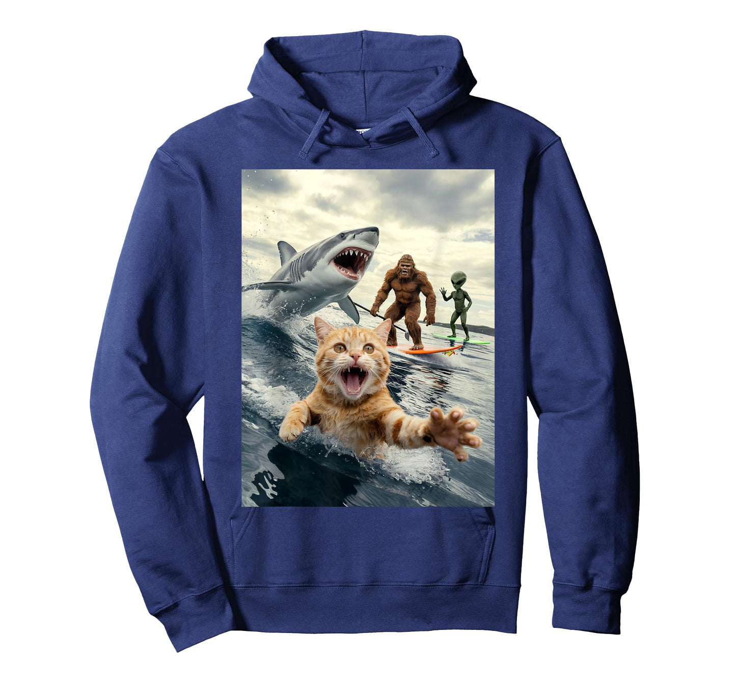 Funny Cat Surfing Bigfoot Alien Shark T-Shirt