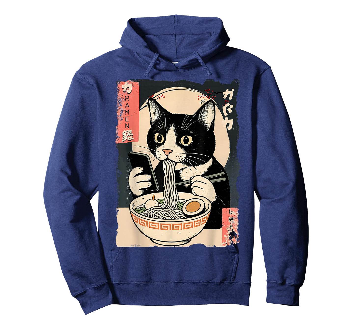 Funny Cat Eating Ramen and Scroll Phone Anime Japanese T-Shirt