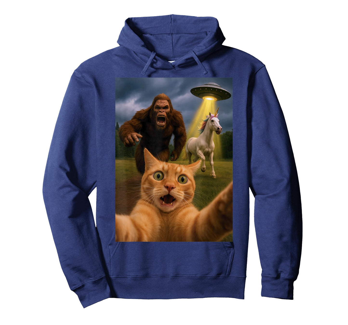 Funny Graphic Tee Cat Selfie with Bigfoot Unicorn Alien UFO T-Shirt