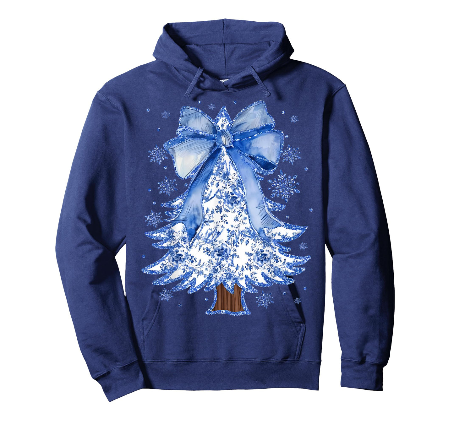 Women Christmas Tree Chinoiserie Blue Floral Coquette Bow T-Shirt
