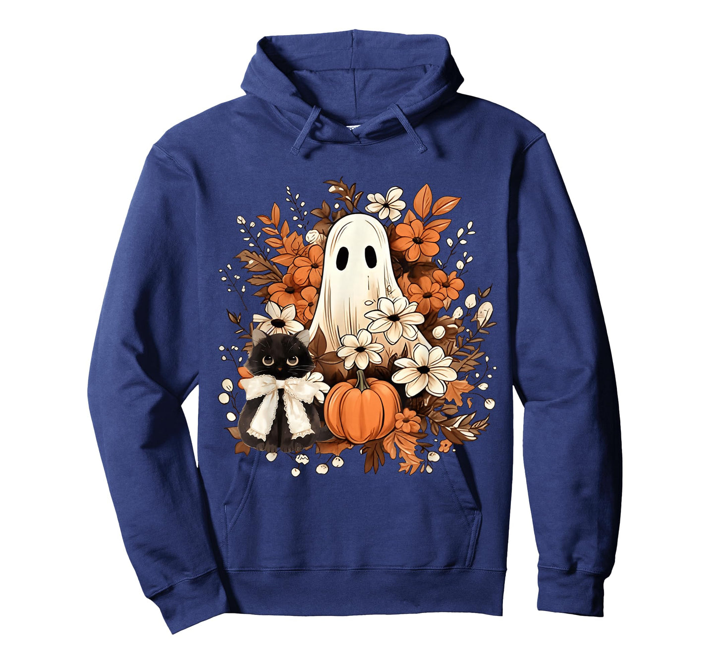 Vintage Halloween Ghost Holding Black Cat Groovy Floral Fall T-Shirt